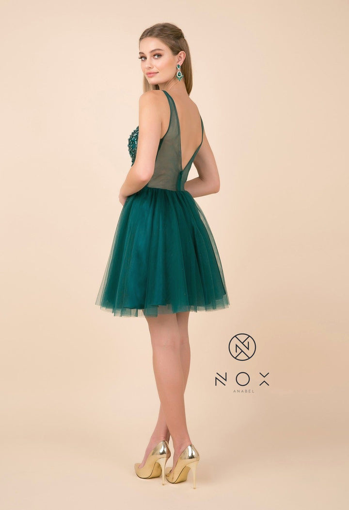 Short Tulle Dress with Beaded V-Neck Bodice by Nox Anabel G694-Short Cocktail Dresses-ABC Fashion