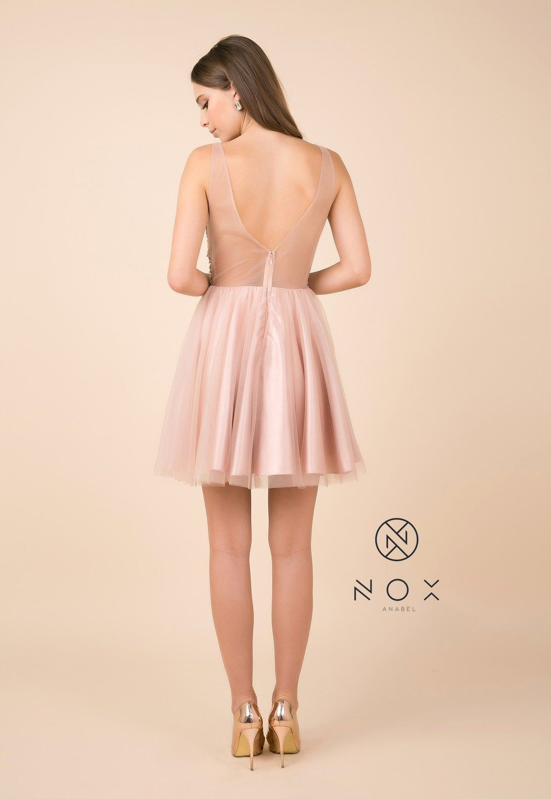 Short Tulle Dress with Beaded V-Neck Bodice by Nox Anabel G694-Short Cocktail Dresses-ABC Fashion