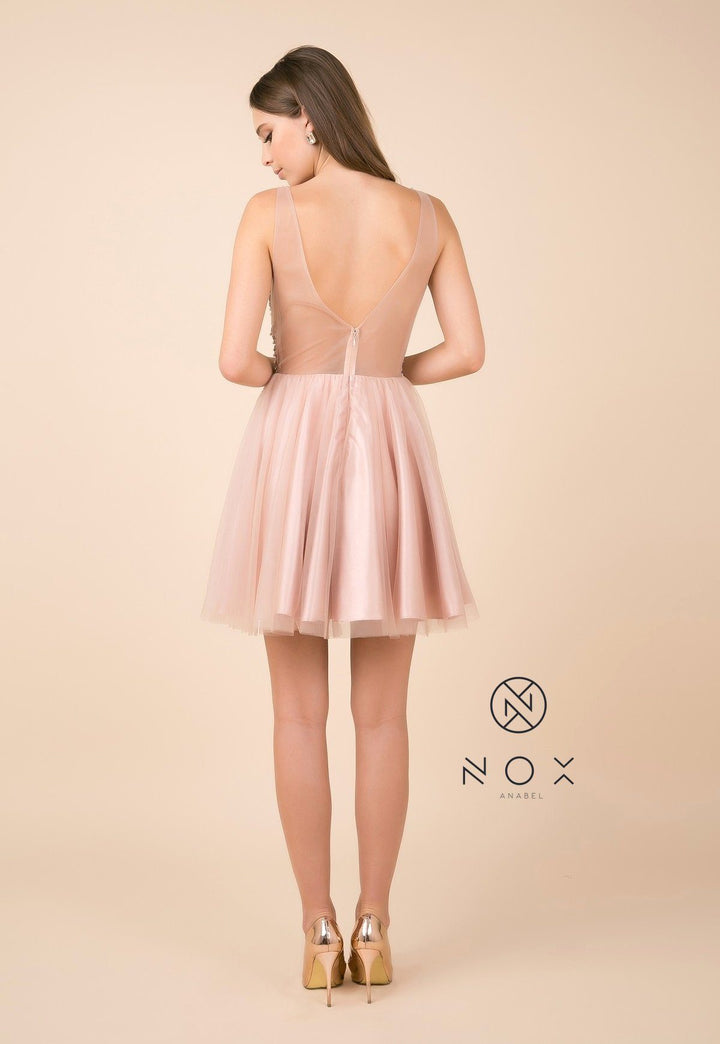 Short Tulle Dress with Beaded V-Neck Bodice by Nox Anabel G694-Short Cocktail Dresses-ABC Fashion