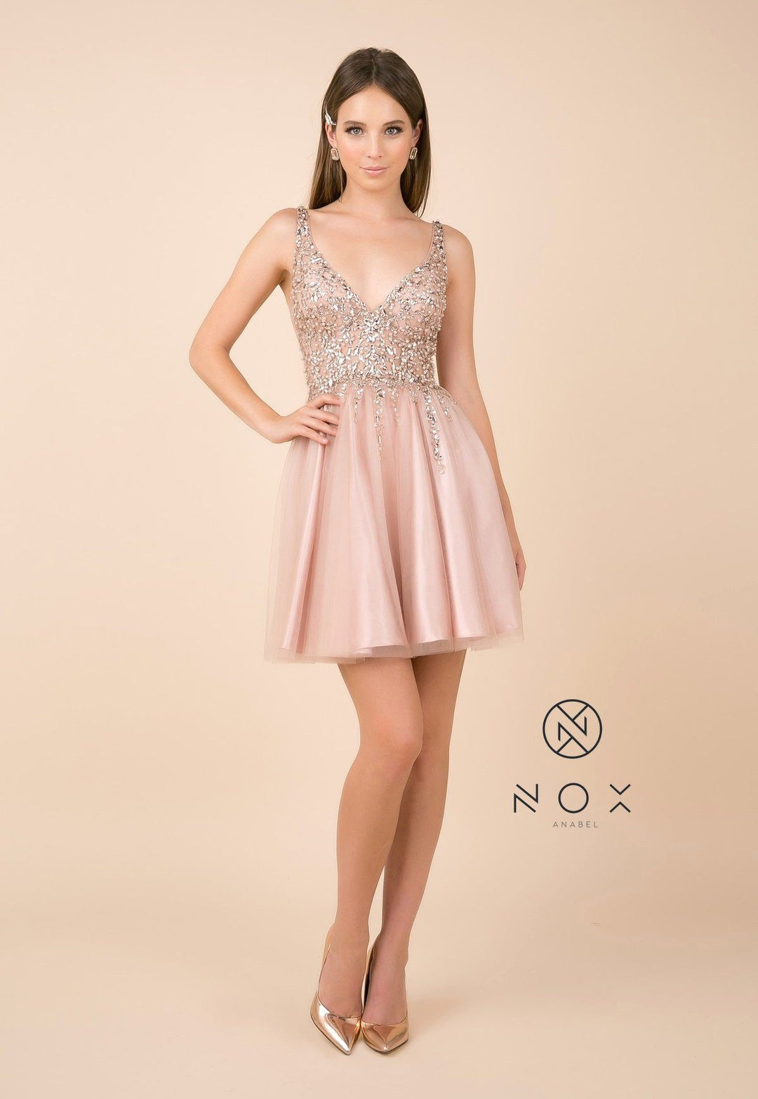 Short Tulle Dress with Beaded V-Neck Bodice by Nox Anabel G694-Short Cocktail Dresses-ABC Fashion
