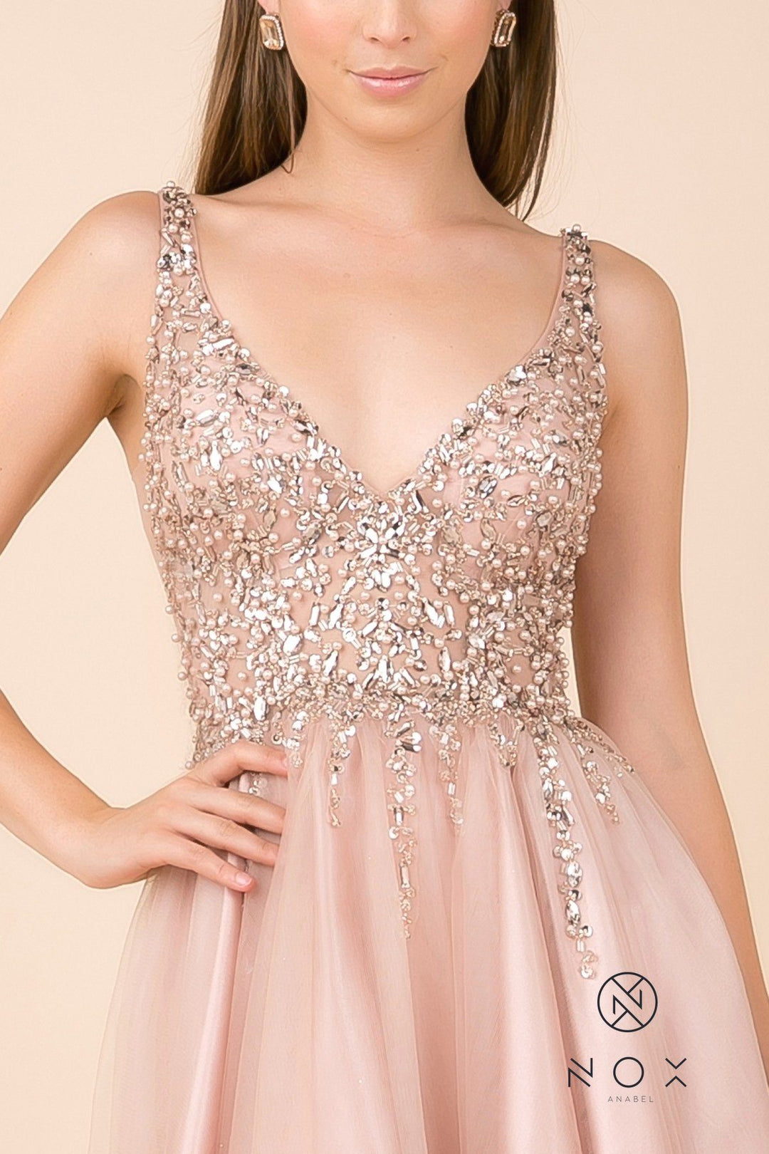 Short Tulle Dress with Beaded V-Neck Bodice by Nox Anabel G694-Short Cocktail Dresses-ABC Fashion