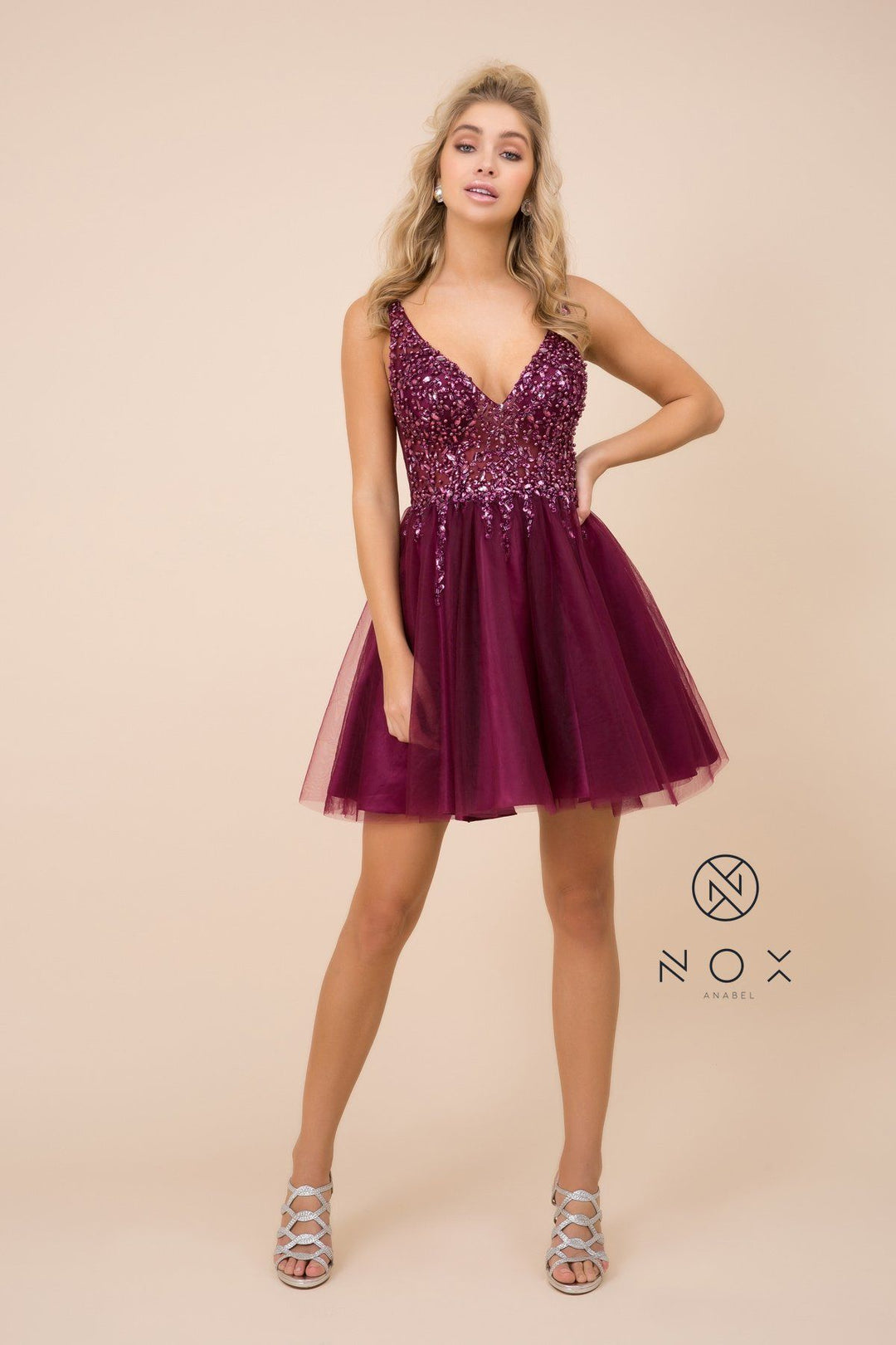 Short Tulle Dress with Beaded V-Neck Bodice by Nox Anabel G694