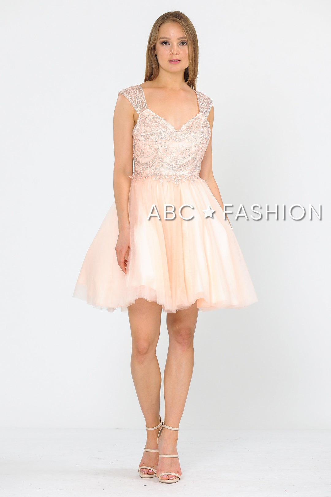 Short Tulle Dress with Embellished Bodice by Poly USA 8284-Short Cocktail Dresses-ABC Fashion