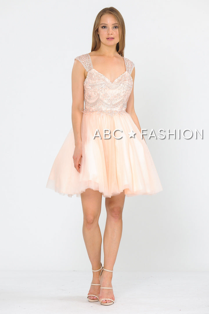 Short Tulle Dress with Embellished Bodice by Poly USA 8284-Short Cocktail Dresses-ABC Fashion