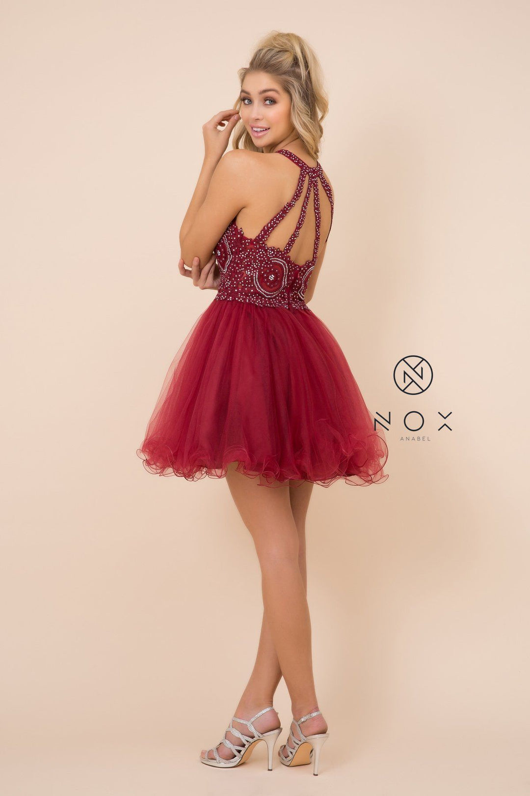 Short Tulle Dress with Embroidered Applique Bodice by Nox Anabel B652