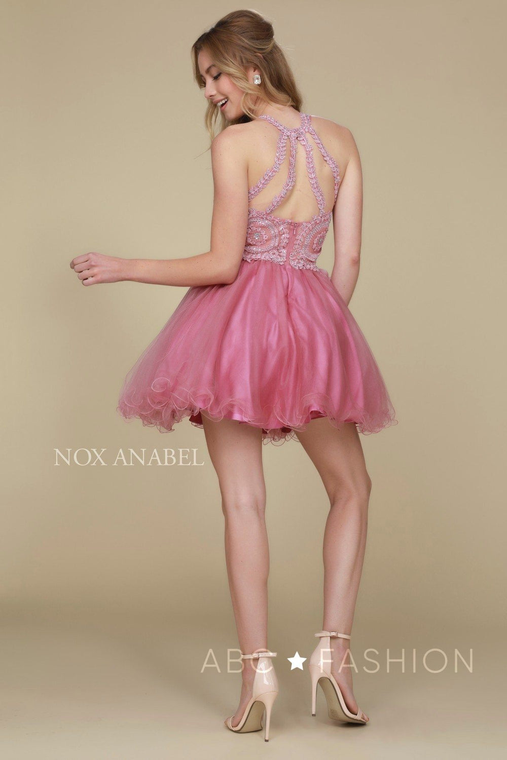 Short Tulle Dress with Embroidered Applique Bodice by Nox Anabel B652-Short Cocktail Dresses-ABC Fashion