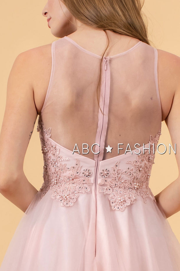 Short Tulle Dress with Floral Appliqued Bodice by Elizabeth K GS1607-Short Cocktail Dresses-ABC Fashion