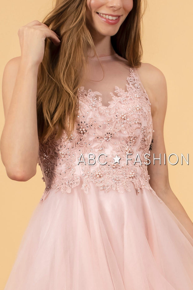 Short Tulle Dress with Floral Appliqued Bodice by Elizabeth K GS1607-Short Cocktail Dresses-ABC Fashion