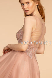 Short Tulle Dress with Floral Appliqued Bodice by Elizabeth K GS1607-Short Cocktail Dresses-ABC Fashion