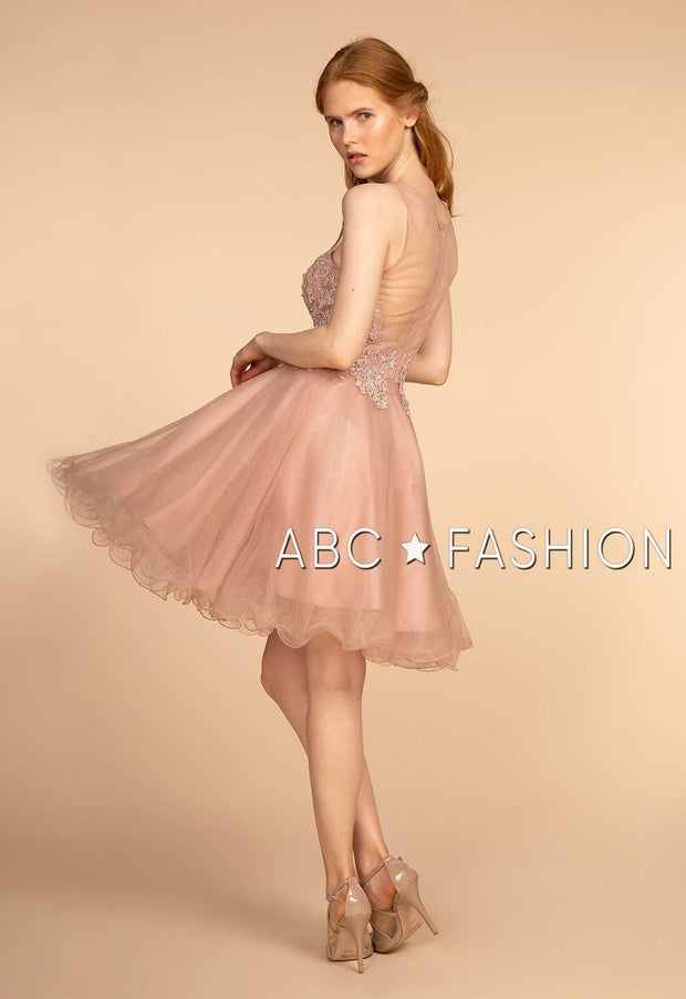Short Tulle Dress with Floral Appliqued Bodice by Elizabeth K GS1607-Short Cocktail Dresses-ABC Fashion