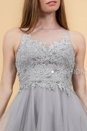 Short Tulle Dress with Floral Appliqued Bodice by Elizabeth K GS1607-Short Cocktail Dresses-ABC Fashion