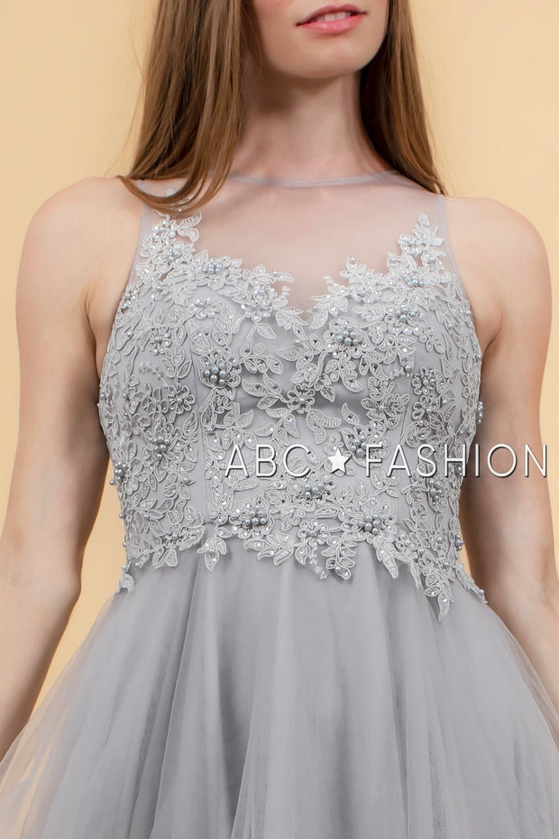 Short Tulle Dress with Floral Appliqued Bodice by Elizabeth K GS1607-Short Cocktail Dresses-ABC Fashion