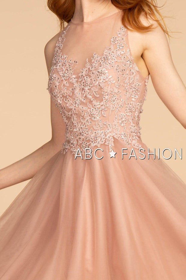 Short Tulle Dress with Floral Appliqued Bodice by Elizabeth K GS1607-Short Cocktail Dresses-ABC Fashion