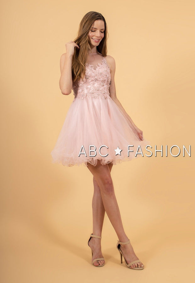 Short Tulle Dress with Floral Appliqued Bodice by Elizabeth K GS1607-Short Cocktail Dresses-ABC Fashion