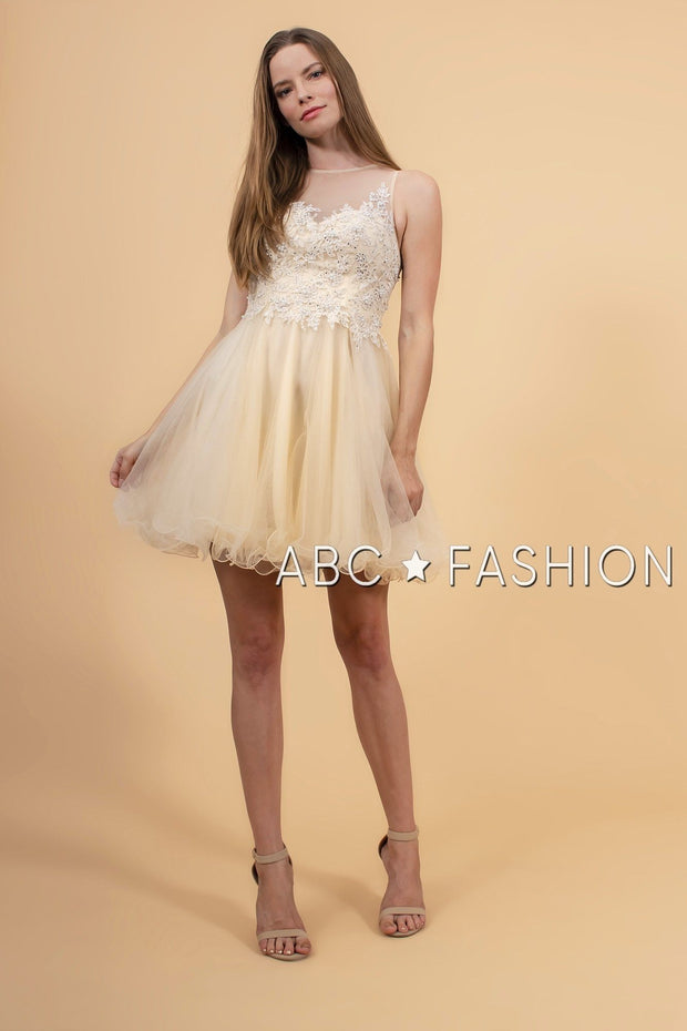 Short Tulle Dress with Floral Appliqued Bodice by Elizabeth K GS1607-Short Cocktail Dresses-ABC Fashion
