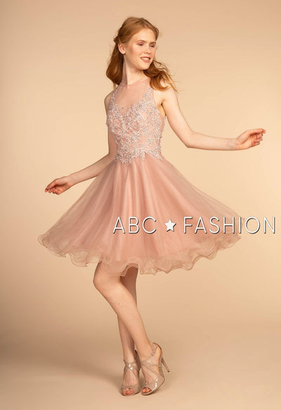 Short Tulle Dress with Floral Appliqued Bodice by Elizabeth K GS1607-Short Cocktail Dresses-ABC Fashion