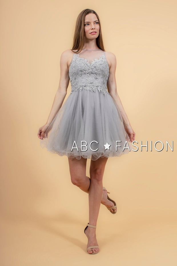 Short Tulle Dress with Floral Appliqued Bodice by Elizabeth K GS1607-Short Cocktail Dresses-ABC Fashion