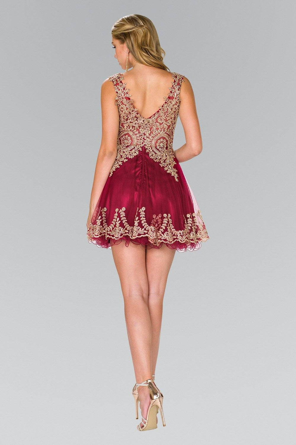 Short Tulle Dress with Gold Lace Applique by Elizabeth K GS2403-Short Cocktail Dresses-ABC Fashion