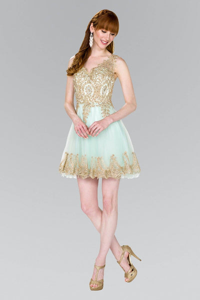 Short Tulle Dress with Gold Lace Applique by Elizabeth K GS2403-Short Cocktail Dresses-ABC Fashion