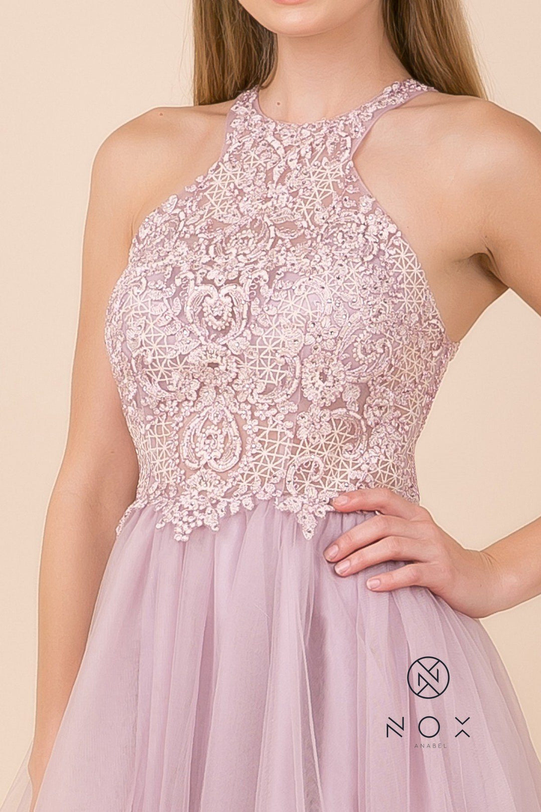 Short Tulle Dress with Halter Lace Bodice by Nox Anabel E696-Short Cocktail Dresses-ABC Fashion