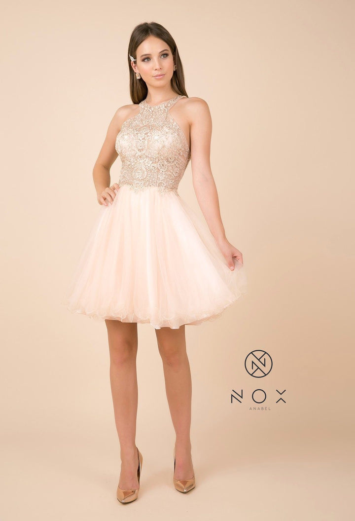 Short Tulle Dress with Halter Lace Bodice by Nox Anabel E696-Short Cocktail Dresses-ABC Fashion