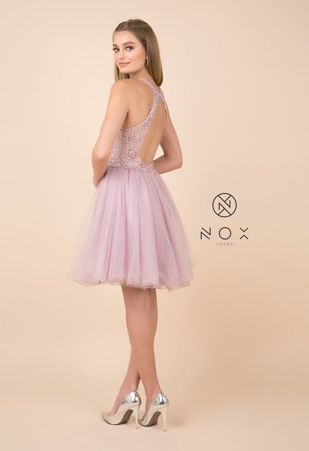 Short Tulle Dress with Halter Lace Bodice by Nox Anabel E696-Short Cocktail Dresses-ABC Fashion