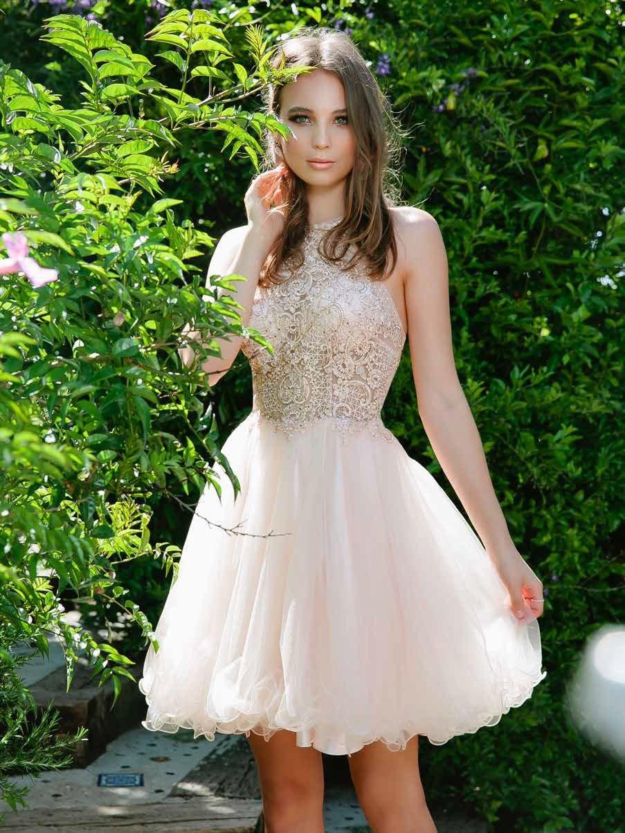 Short Tulle Dress with Halter Lace Bodice by Nox Anabel E696-Short Cocktail Dresses-ABC Fashion