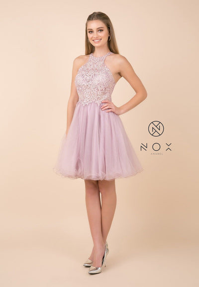 Short Tulle Dress with Halter Lace Bodice by Nox Anabel E696-Short Cocktail Dresses-ABC Fashion