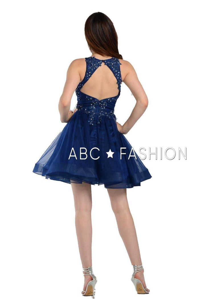 Short Tulle Dress with Lace Applique Bodice by Poly USA 8074-Short Cocktail Dresses-ABC Fashion