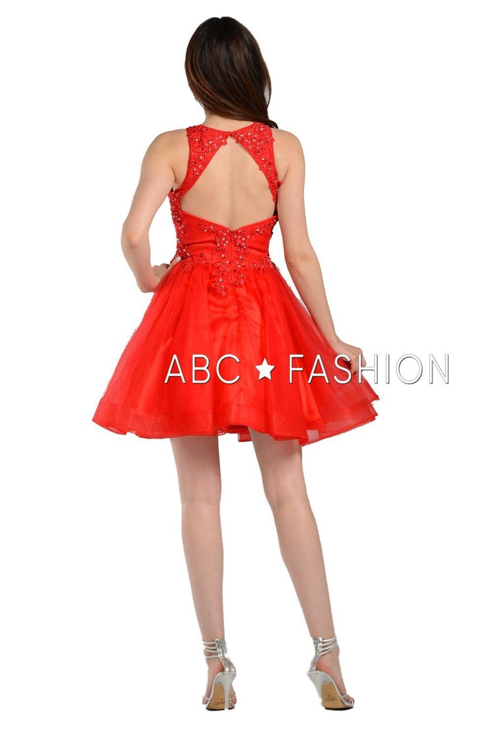 Short Tulle Dress with Lace Applique Bodice by Poly USA 8074-Short Cocktail Dresses-ABC Fashion