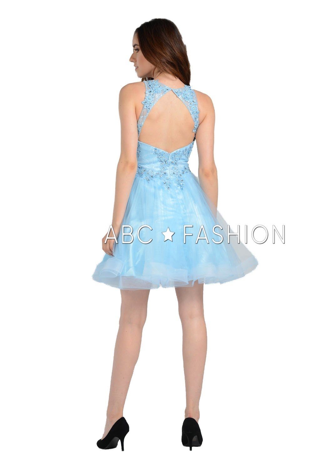 Short Tulle Dress with Lace Applique Bodice by Poly USA 8074-Short Cocktail Dresses-ABC Fashion