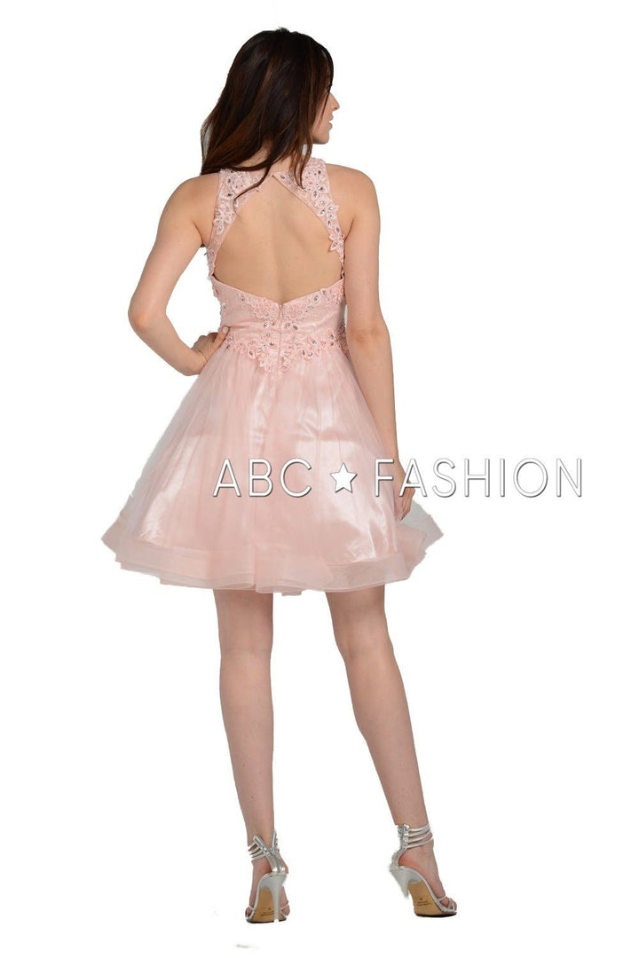 Short Tulle Dress with Lace Applique Bodice by Poly USA 8074-Short Cocktail Dresses-ABC Fashion