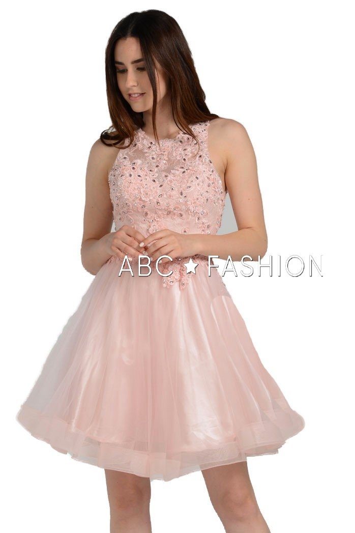 Short Tulle Dress with Lace Applique Bodice by Poly USA 8074-Short Cocktail Dresses-ABC Fashion