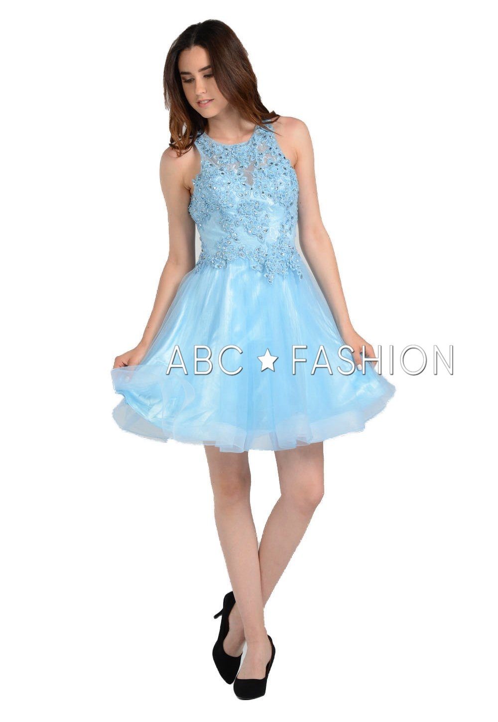 Short Tulle Dress with Lace Applique Bodice by Poly USA 8074-Short Cocktail Dresses-ABC Fashion