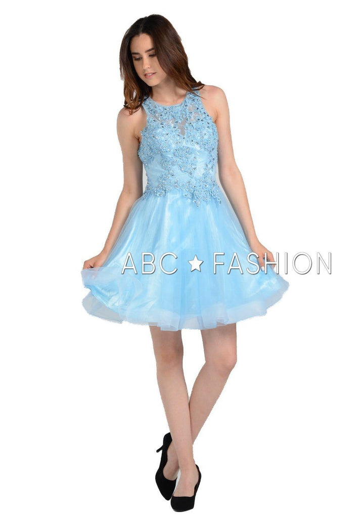 Short Tulle Dress with Lace Applique Bodice by Poly USA 8074-Short Cocktail Dresses-ABC Fashion