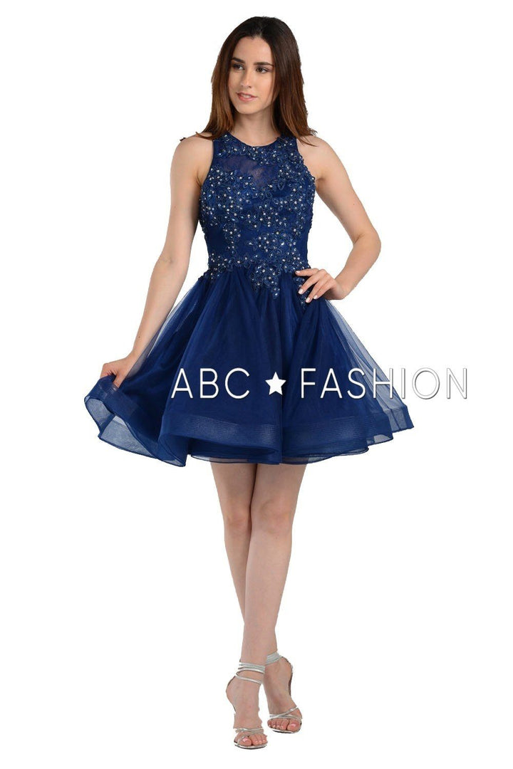 Short Tulle Dress with Lace Applique Bodice by Poly USA 8074-Short Cocktail Dresses-ABC Fashion