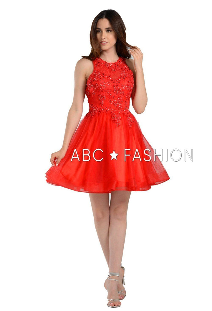 Short Tulle Dress with Lace Applique Bodice by Poly USA 8074-Short Cocktail Dresses-ABC Fashion