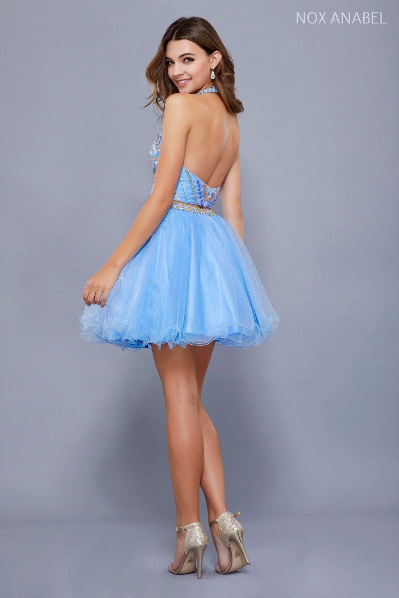 Short Two Piece Dress with Beaded Bodice by Nox Anabel 6259-Short Cocktail Dresses-ABC Fashion