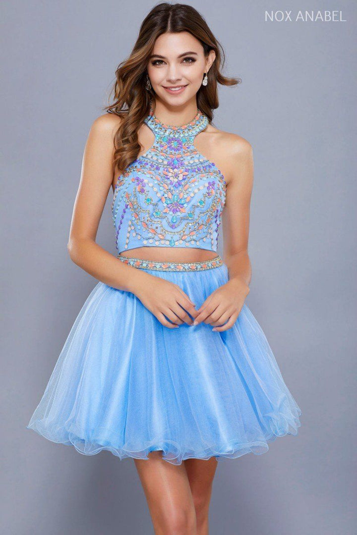 Short Two Piece Dress with Beaded Bodice by Nox Anabel 6259-Short Cocktail Dresses-ABC Fashion