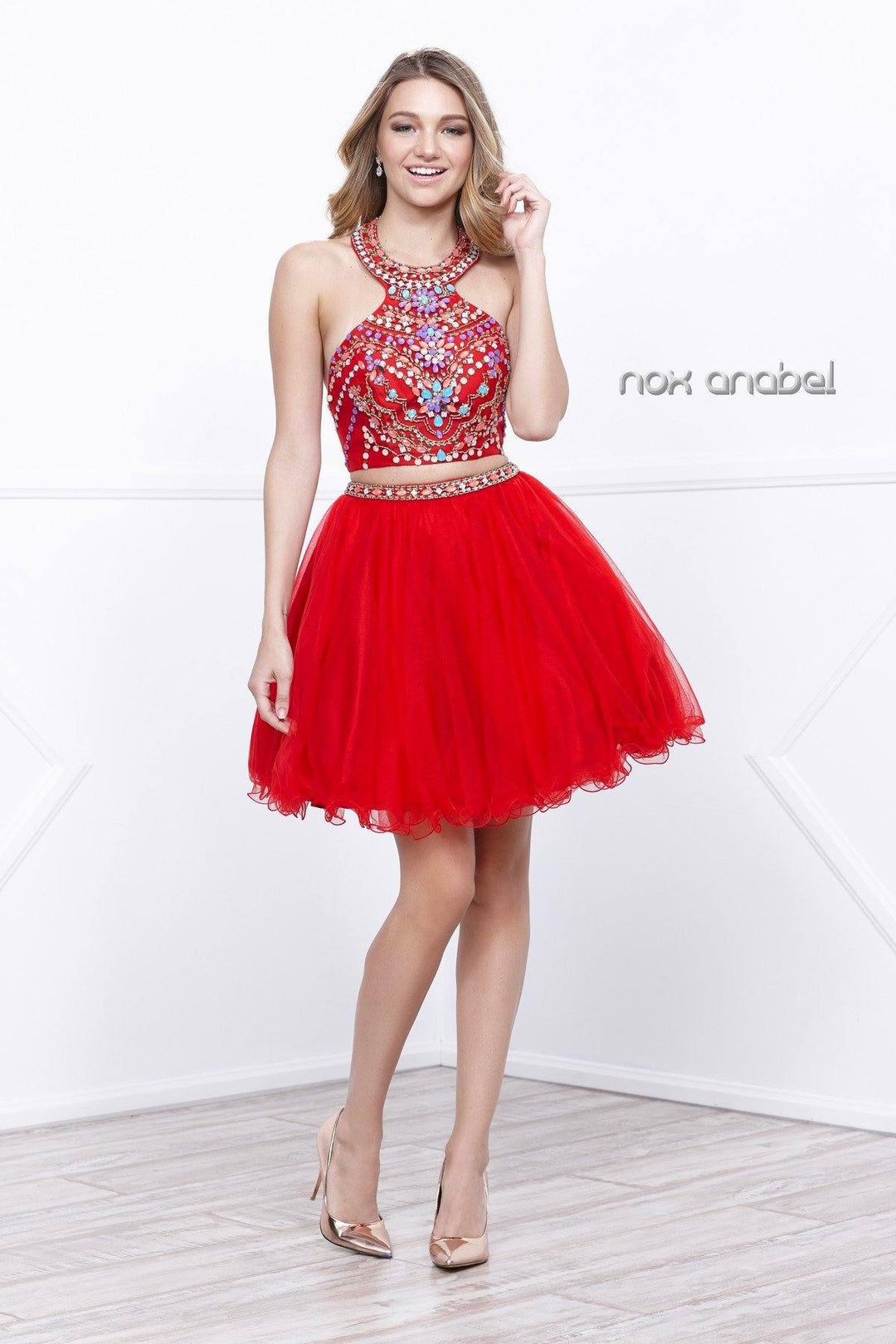 Short Two Piece Dress with Beaded Bodice by Nox Anabel 6259-Short Cocktail Dresses-ABC Fashion