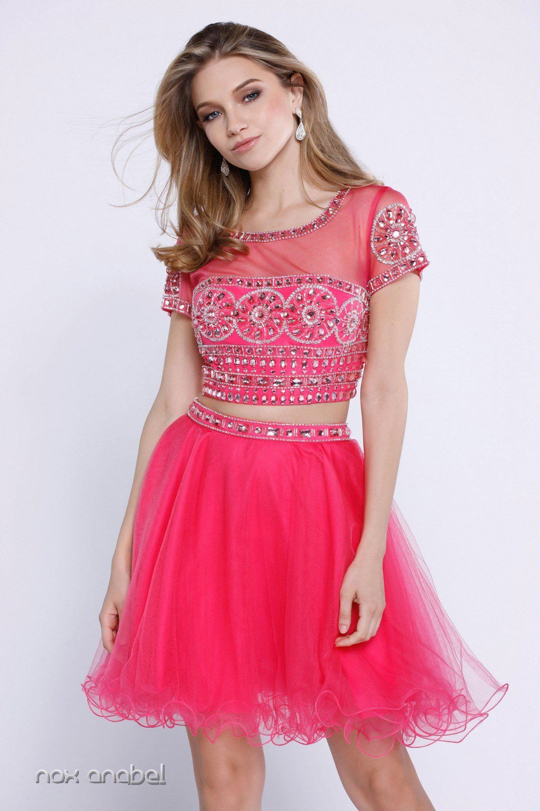 Short Two Piece Dress with Beaded Illusion Top by Nox Anabel 6229-Short Cocktail Dresses-ABC Fashion