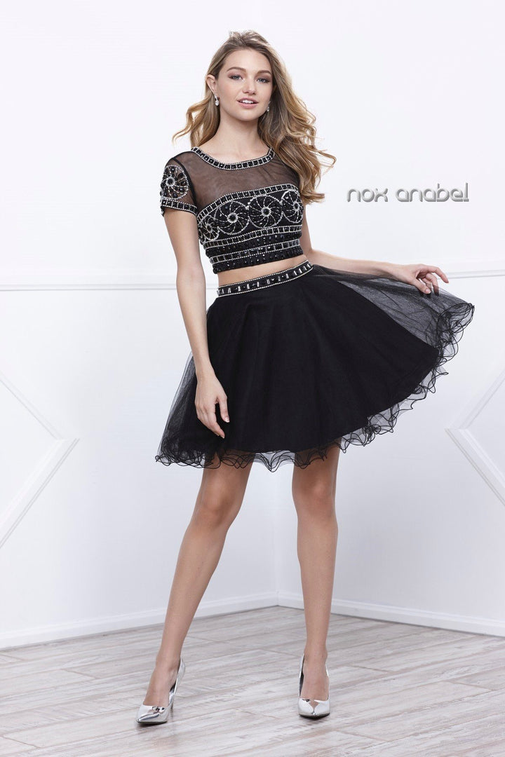 Short Two Piece Dress with Beaded Illusion Top by Nox Anabel 6229-Short Cocktail Dresses-ABC Fashion