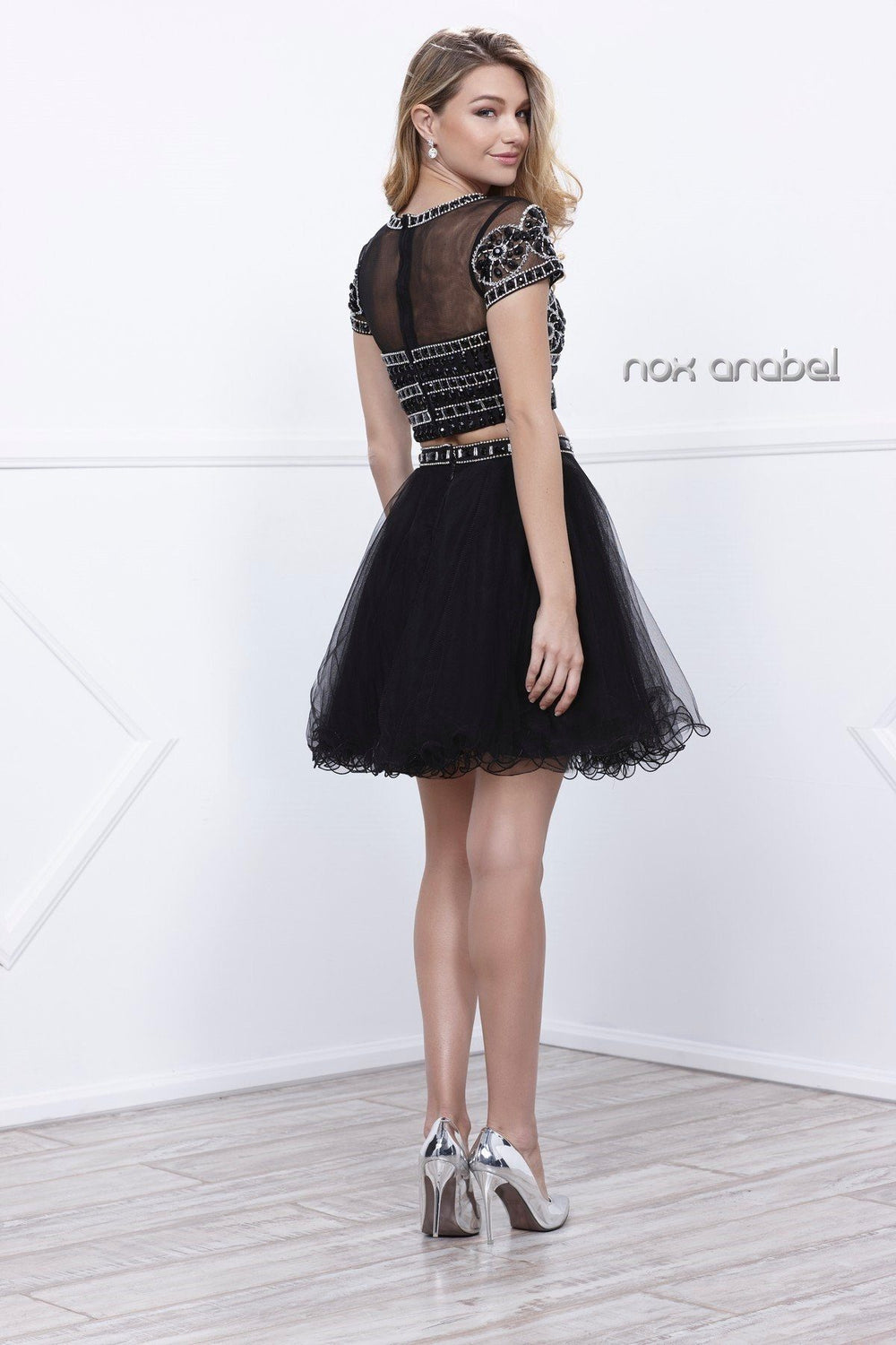 Short Two Piece Dress with Beaded Illusion Top by Nox Anabel 6229-Short Cocktail Dresses-ABC Fashion