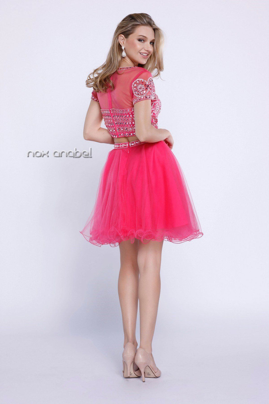 Short Two Piece Dress with Beaded Illusion Top by Nox Anabel 6229-Short Cocktail Dresses-ABC Fashion