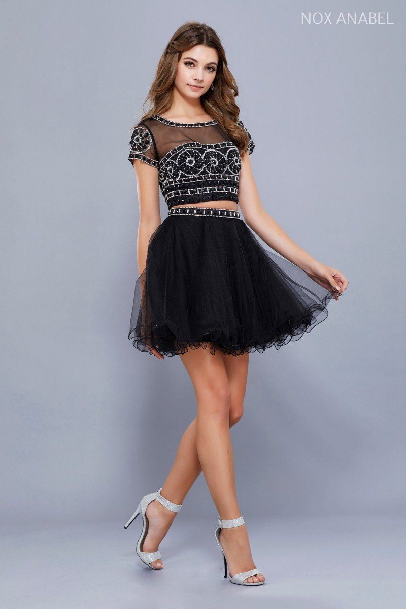 Short Two Piece Dress with Beaded Illusion Top by Nox Anabel 6229-Short Cocktail Dresses-ABC Fashion