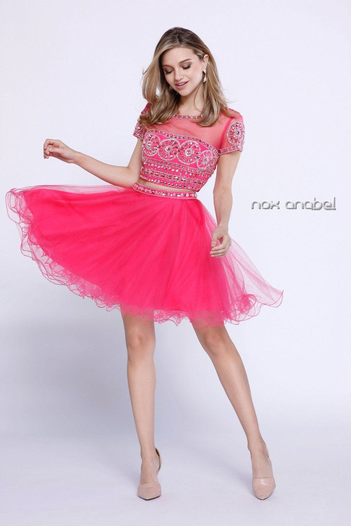 Short Two Piece Dress with Beaded Illusion Top by Nox Anabel 6229-Short Cocktail Dresses-ABC Fashion