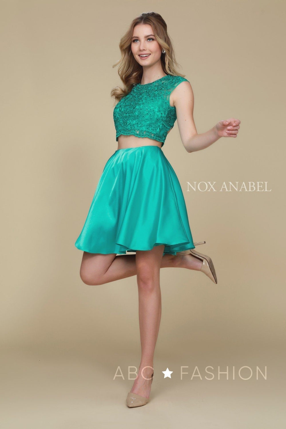 Short Two Piece Dress with Embroidered Crop Top by Nox Anabel Q603-Short Cocktail Dresses-ABC Fashion