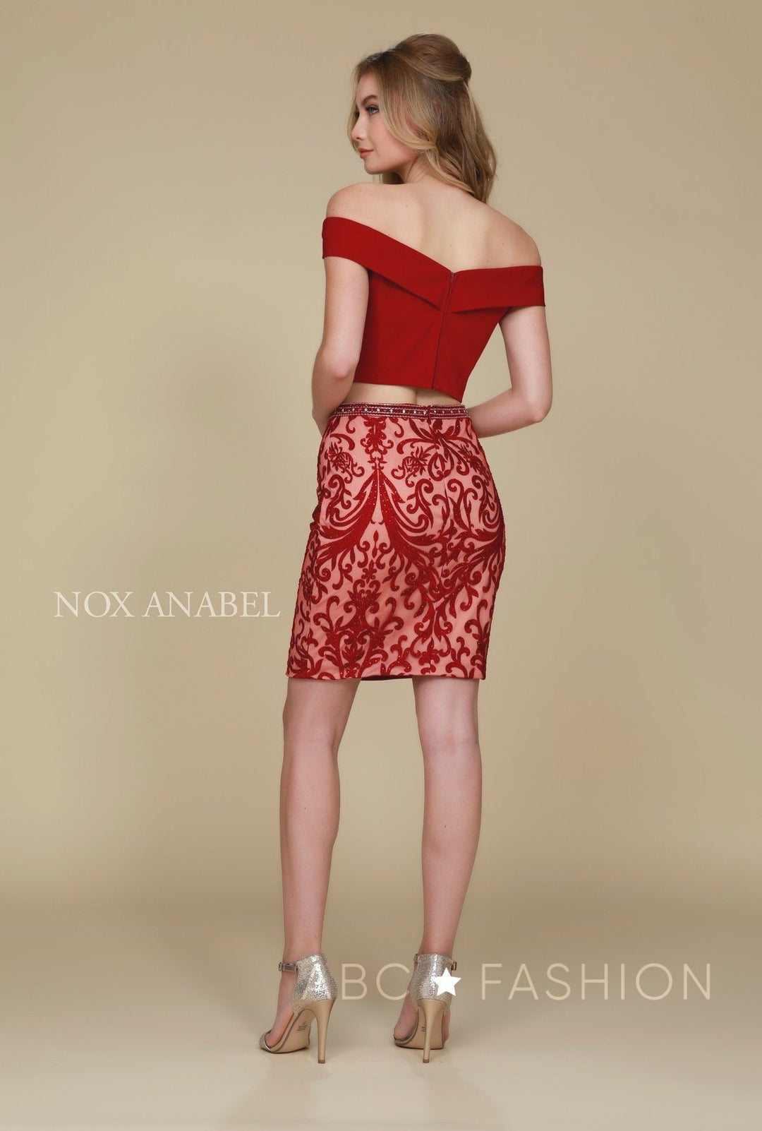 Short Two-Piece Dress with Embroidered Skirt by Nox Anabel E664-Short Cocktail Dresses-ABC Fashion