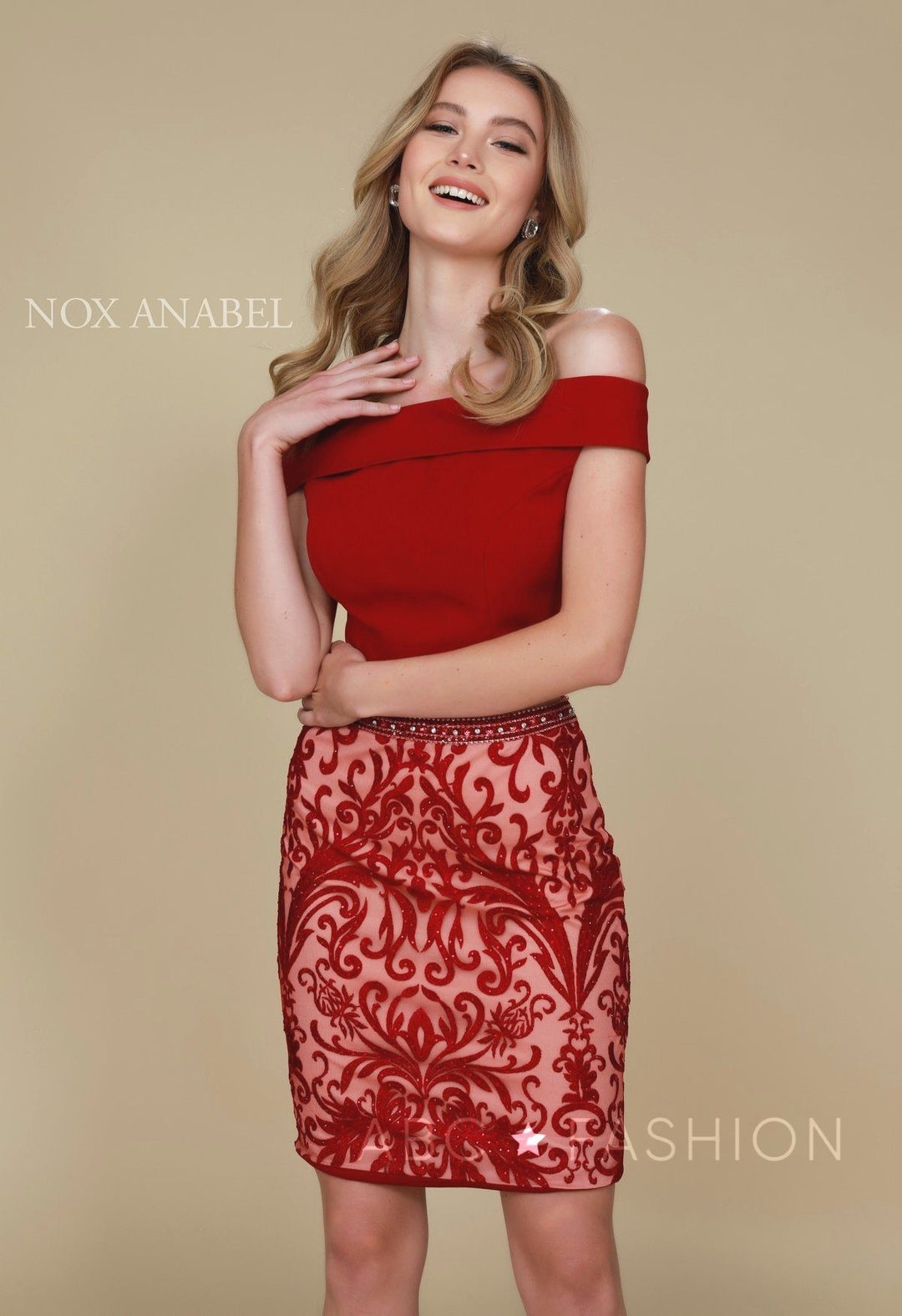 Short Two-Piece Dress with Embroidered Skirt by Nox Anabel E664-Short Cocktail Dresses-ABC Fashion