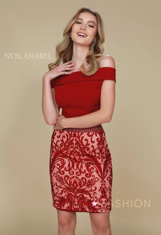 Short Two-Piece Dress with Embroidered Skirt by Nox Anabel E664-Short Cocktail Dresses-ABC Fashion